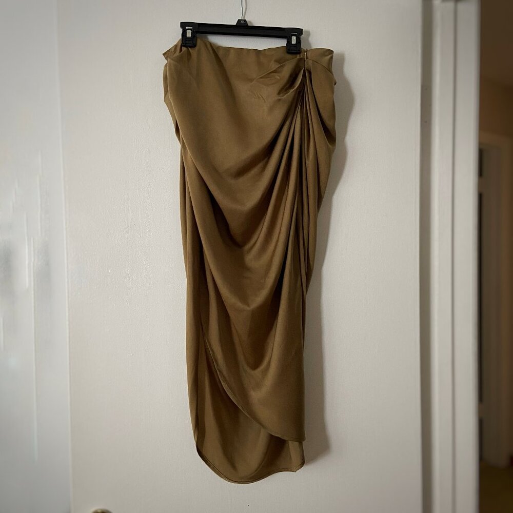 SheIn Large Olive Green Pleated Asymmetrical Split Thigh High Midi Ruched Skirt
